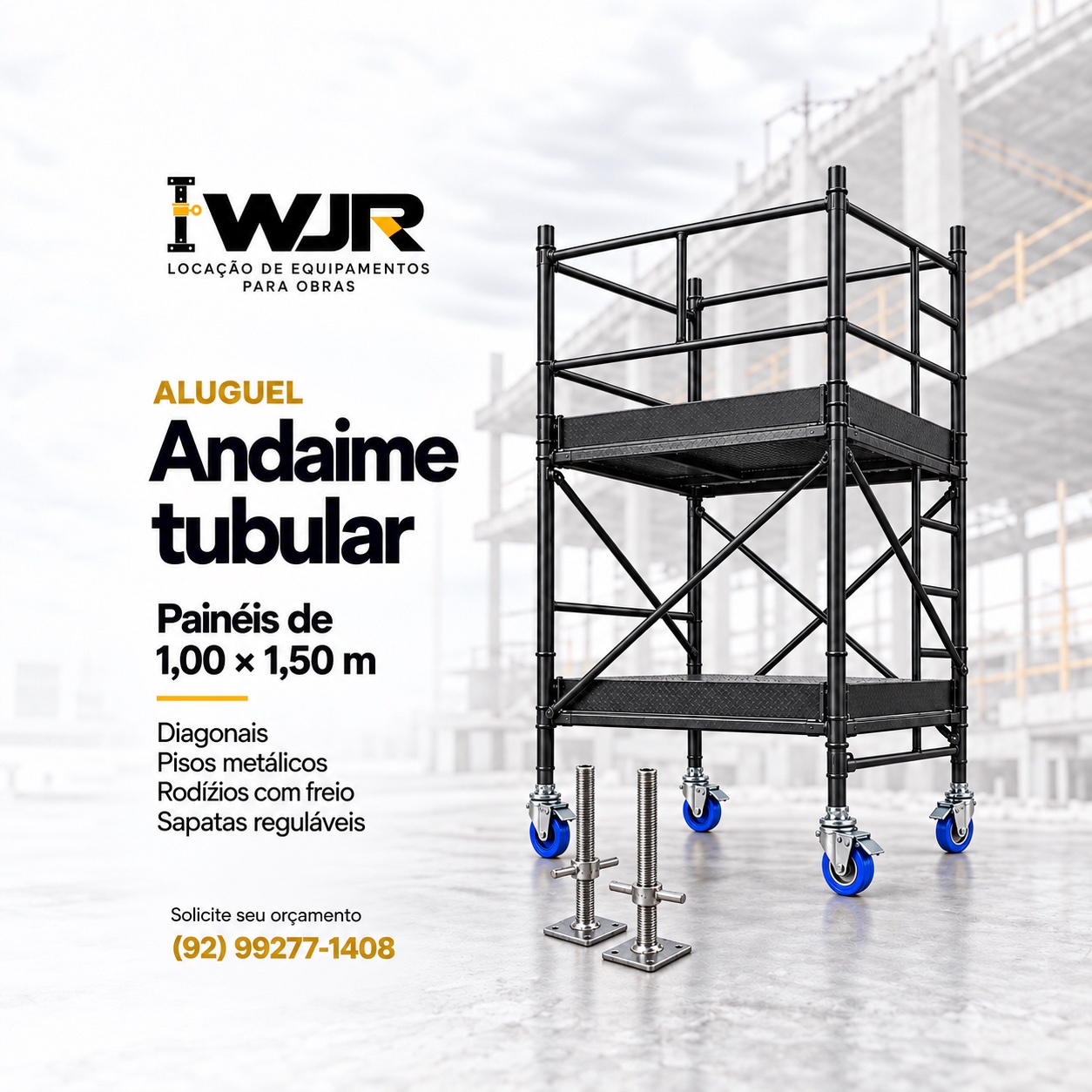 Torre de andaime tubular, pisos metálicos, rodinhas e sapatas